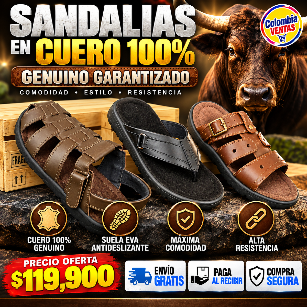 SANDALIAS EN CUERO PARA HOMBRE